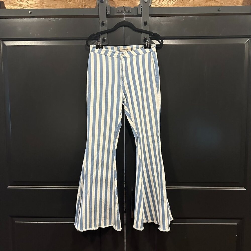 Blue and White Striped Three Bird Nest High Waisted Extra Wide Bell Bott…